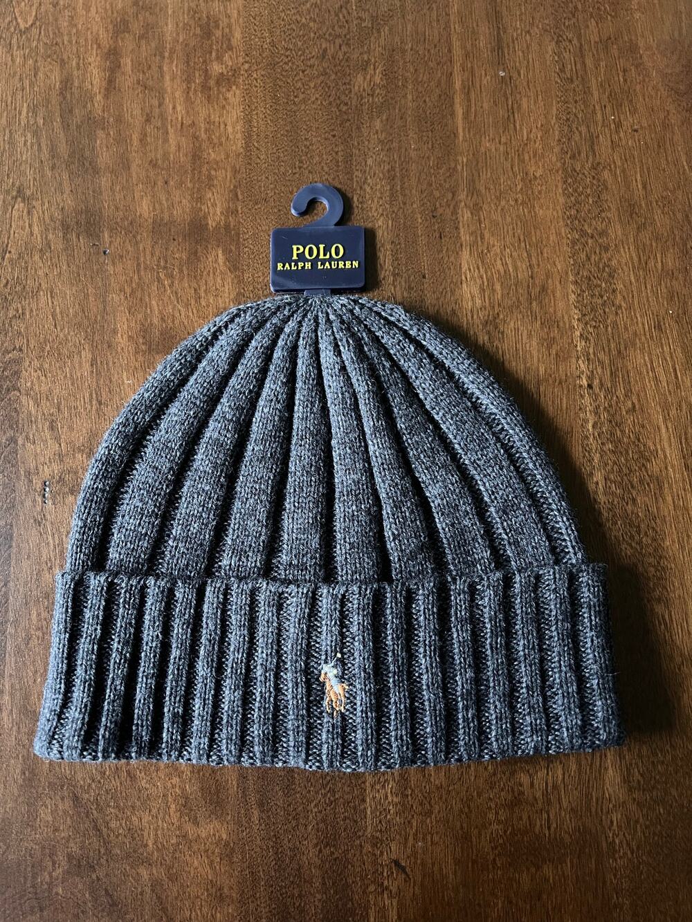 Polo Ralph Lauren Beanie Mens Charcoal Flesh Pony Wool Blend Rib Knit Cuff NEW